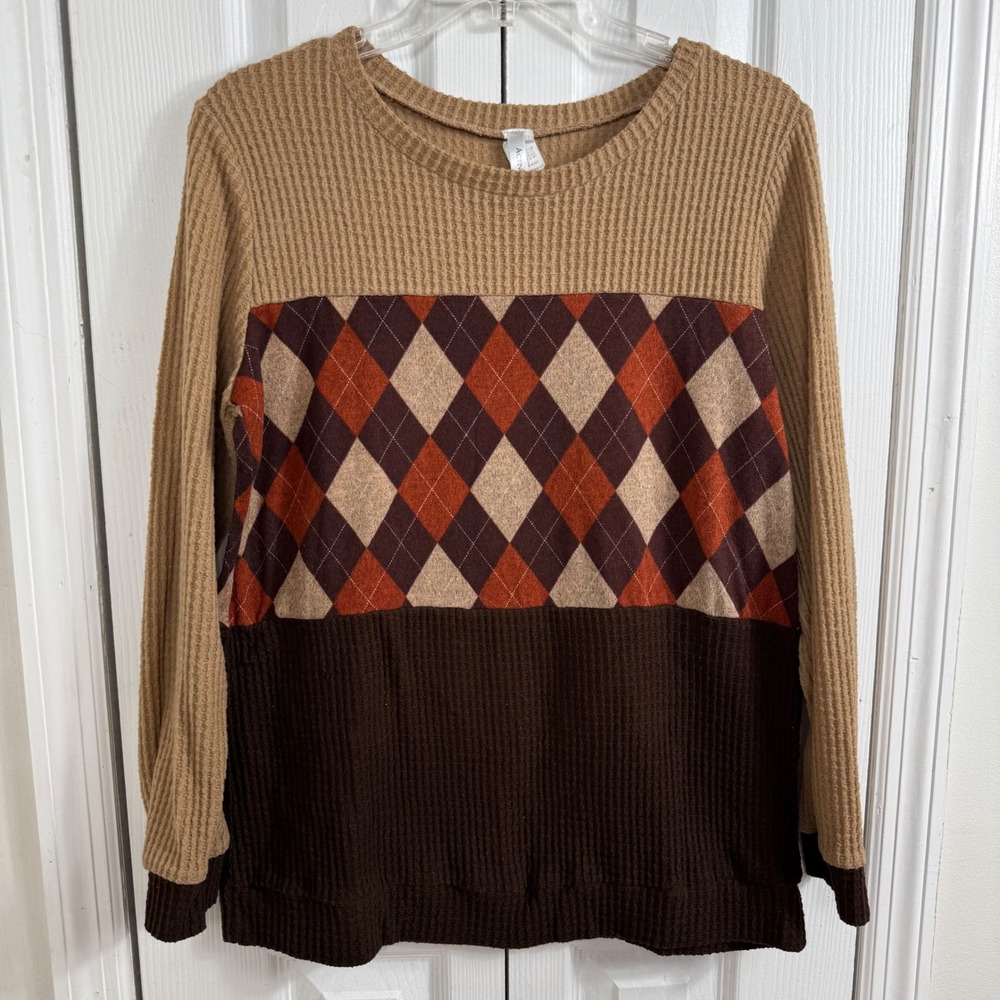 Acting Pro Argyle Waffle Knit Top Large Brown Tan Orange Prep Academic T7065